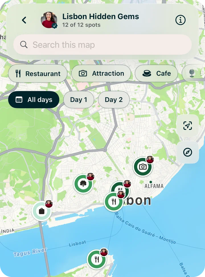 A Guidez map of Lisbon with restaurants, cafes, bars and attractions pinned, filtered by category