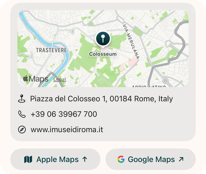 A place in the Guidez app with its address on a map and buttons to open directions in Apple Maps or Google Maps