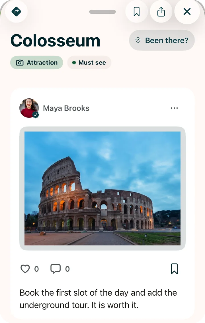 A place in the Guidez app, the Colosseum in Rome, with the creator's own photo and tip attached