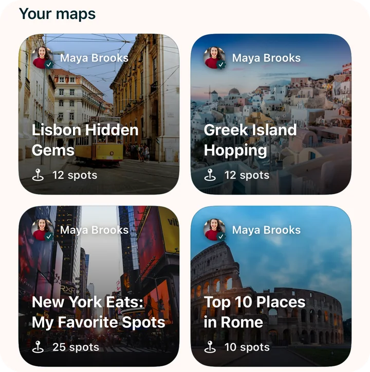 A creator's profile in the Guidez app showing their published maps: Lisbon Hidden Gems, Greek Island Hopping, New York Eats and Top 10 Places in Rome