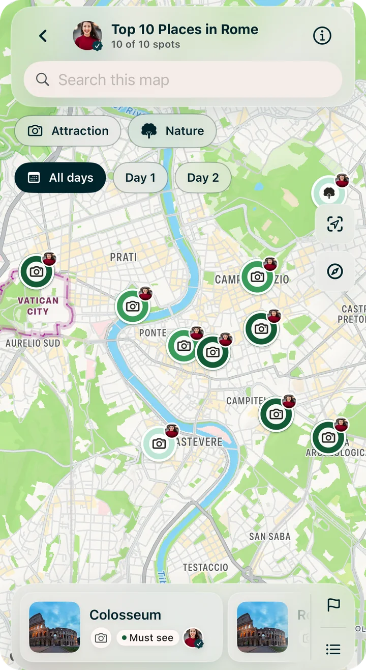 The Guidez app showing a Top 10 Places in Rome map with all ten places pinned and the Colosseum, with its photo, in the place carousel