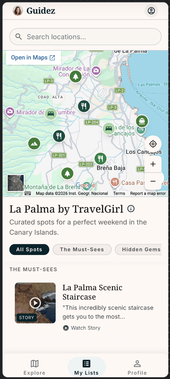 A Guidez map with recommendations in La Palma